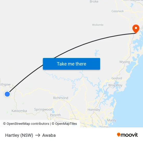 Hartley (NSW) to Awaba map