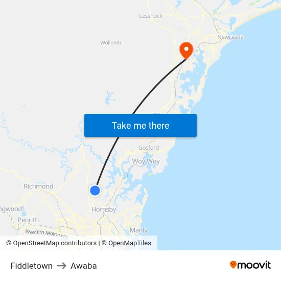 Fiddletown to Awaba map