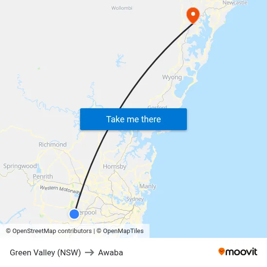 Green Valley (NSW) to Awaba map