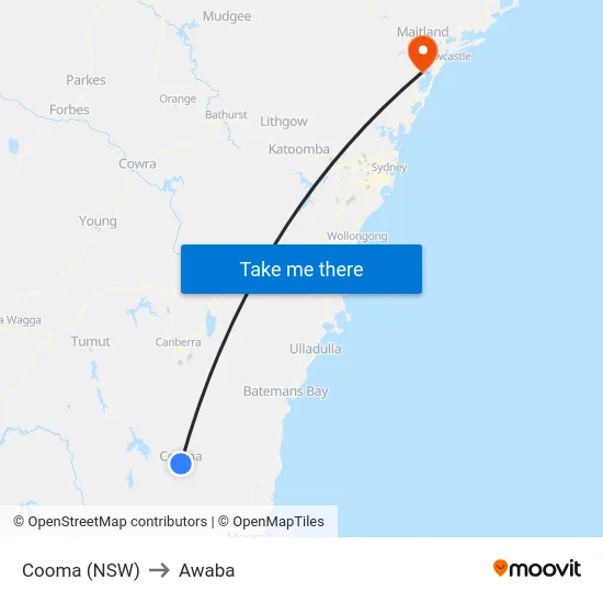 Cooma (NSW) to Awaba map