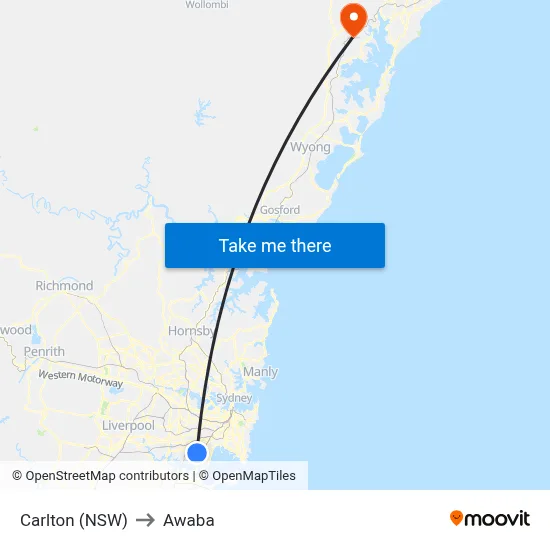 Carlton (NSW) to Awaba map