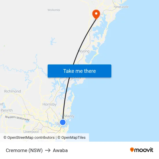 Cremorne (NSW) to Awaba map