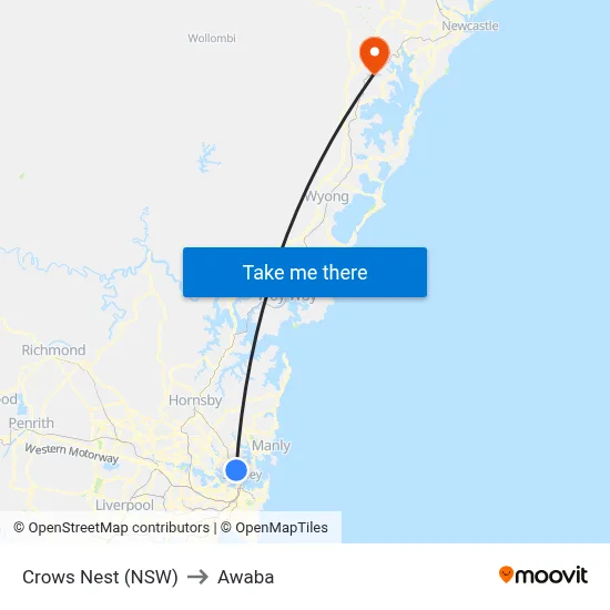 Crows Nest (NSW) to Awaba map