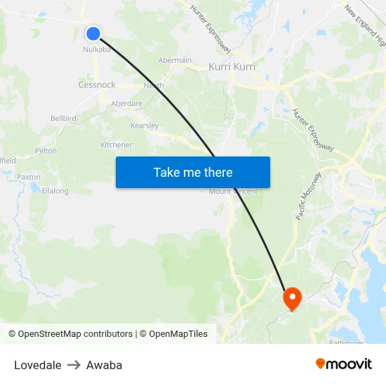 Lovedale to Awaba map
