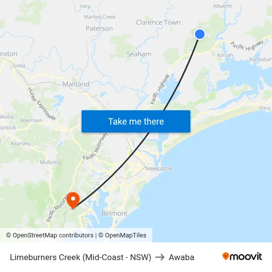 Limeburners Creek (Mid-Coast - NSW) to Awaba map