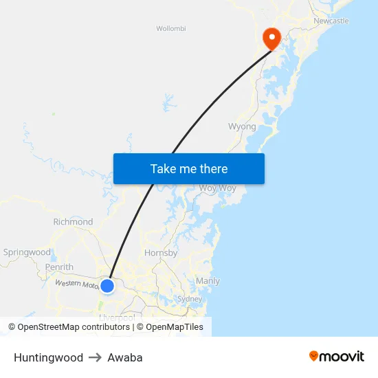 Huntingwood to Awaba map