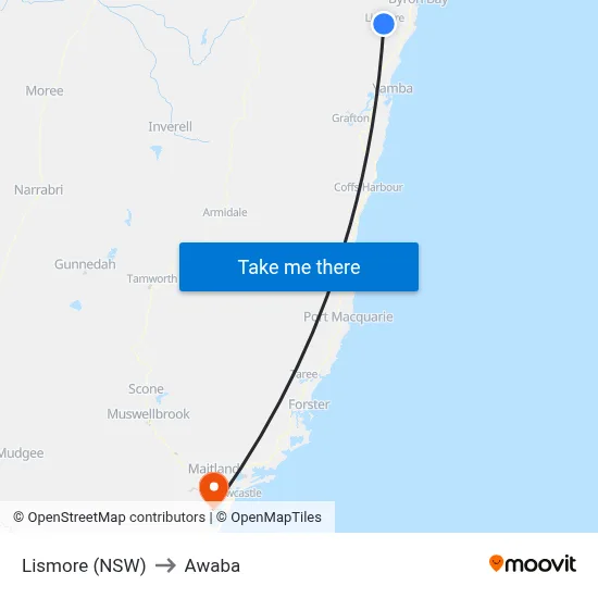 Lismore (NSW) to Awaba map