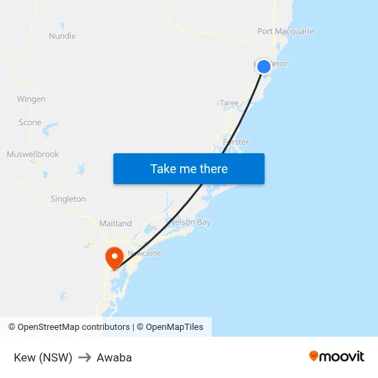 Kew (NSW) to Awaba map
