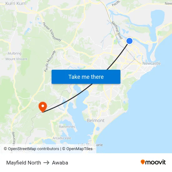 Mayfield North to Awaba map