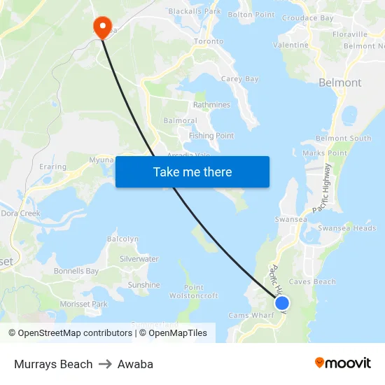 Murrays Beach to Awaba map