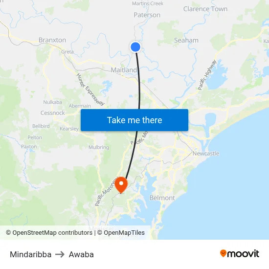 Mindaribba to Awaba map