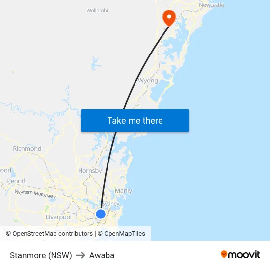 Stanmore (NSW) to Awaba map