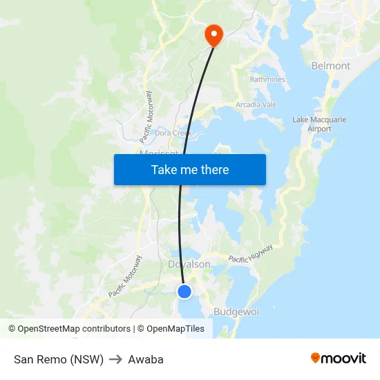 San Remo (NSW) to Awaba map