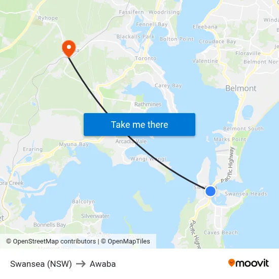 Swansea (NSW) to Awaba map