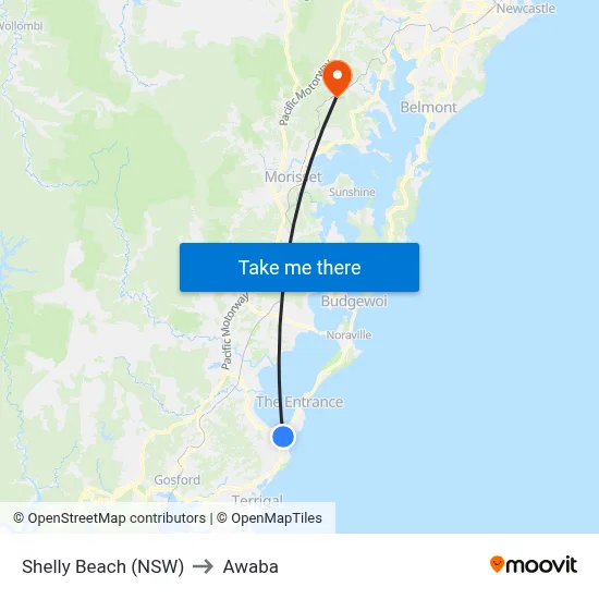 Shelly Beach (NSW) to Awaba map
