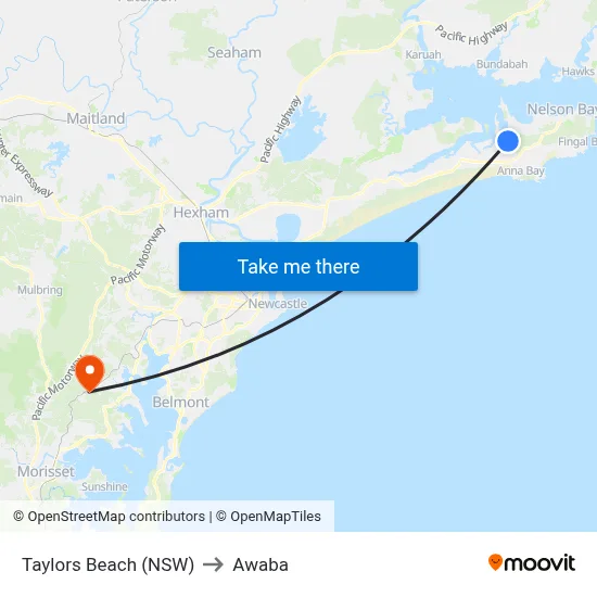 Taylors Beach (NSW) to Awaba map