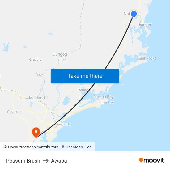 Possum Brush to Awaba map