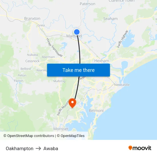 Oakhampton to Awaba map