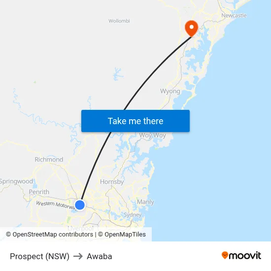 Prospect (NSW) to Awaba map