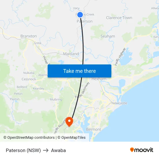 Paterson (NSW) to Awaba map