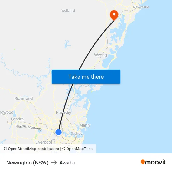 Newington (NSW) to Awaba map