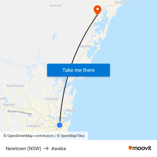 Newtown (NSW) to Awaba map