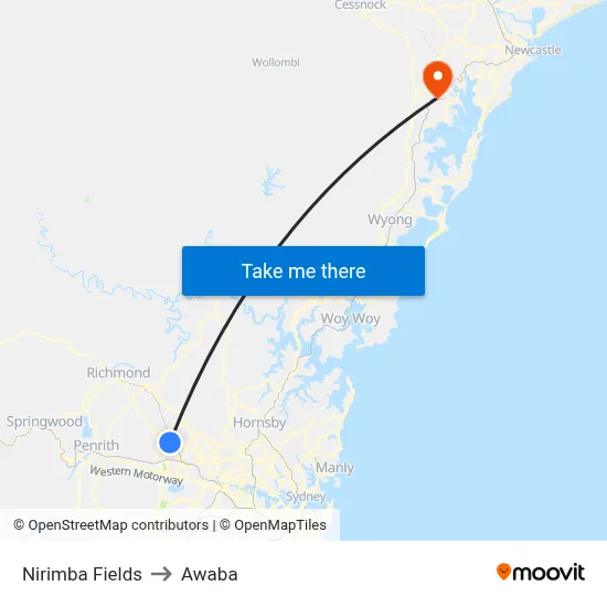 Nirimba Fields to Awaba map