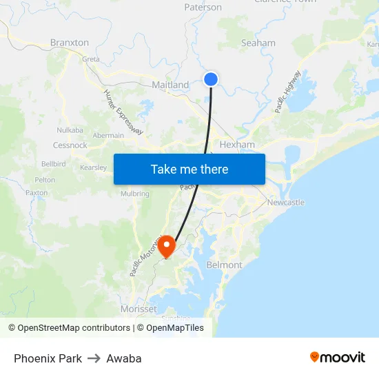Phoenix Park to Awaba map