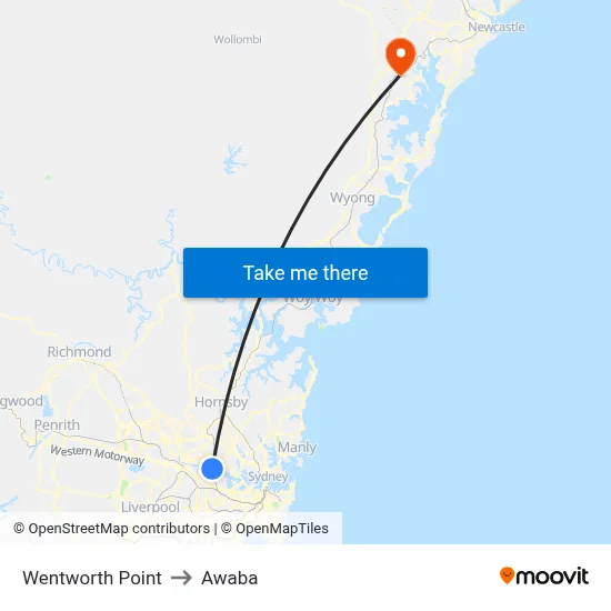 Wentworth Point to Awaba map