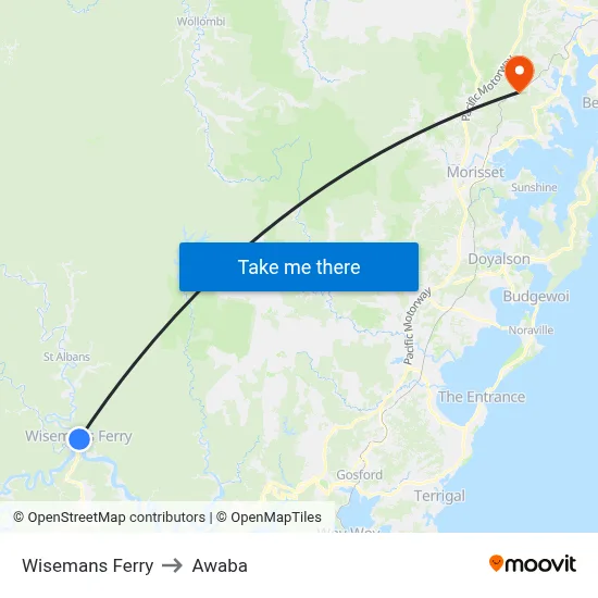 Wisemans Ferry to Awaba map