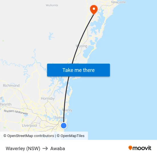 Waverley (NSW) to Awaba map