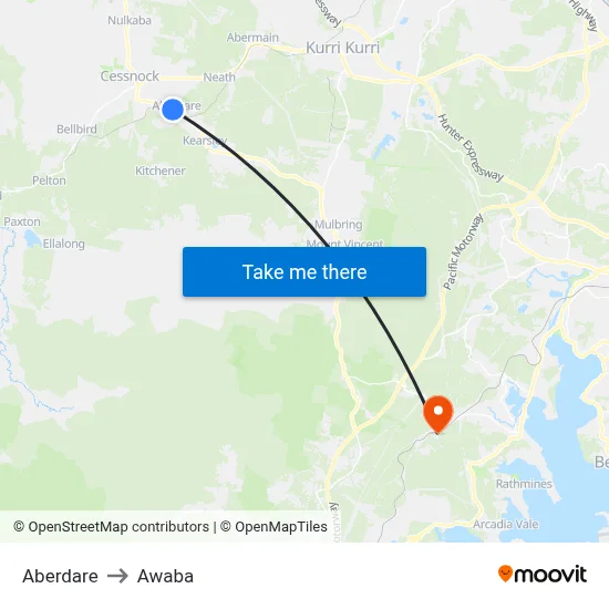 Aberdare to Awaba map