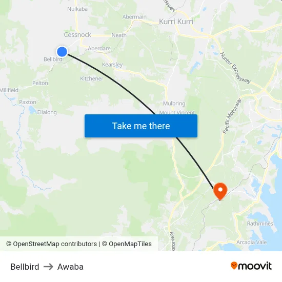 Bellbird to Awaba map