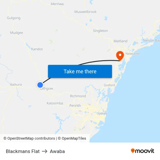 Blackmans Flat to Awaba map