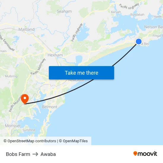 Bobs Farm to Awaba map