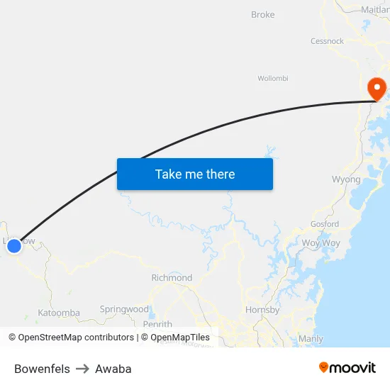 Bowenfels to Awaba map