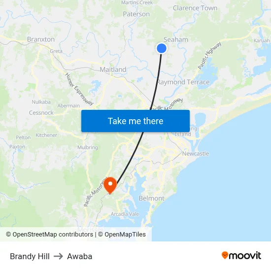 Brandy Hill to Awaba map