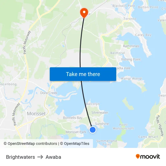 Brightwaters to Awaba map