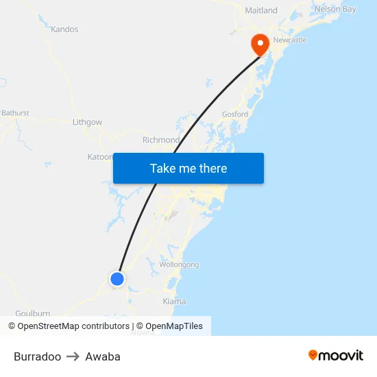 Burradoo to Awaba map