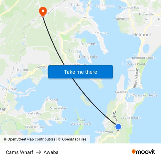 Cams Wharf to Awaba map