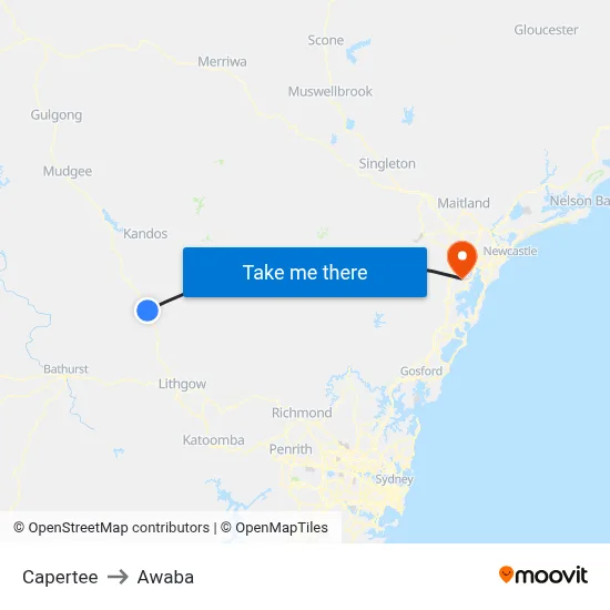 Capertee to Awaba map