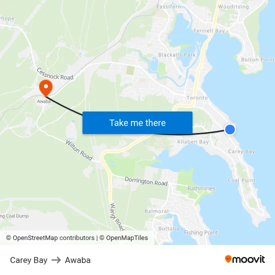 Carey Bay to Awaba map