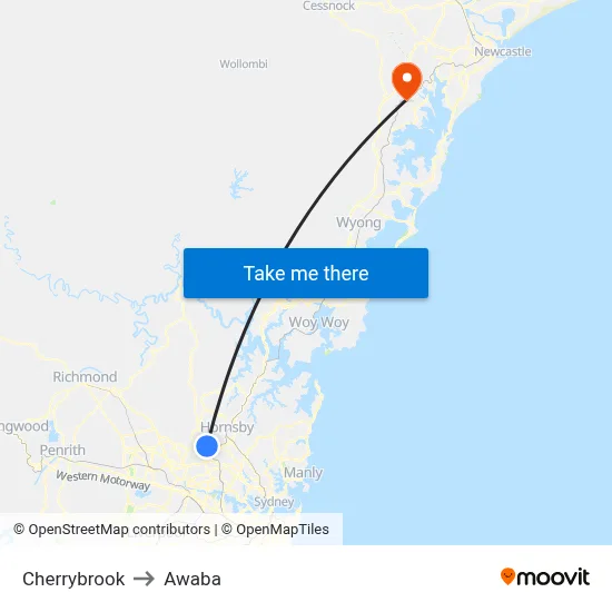 Cherrybrook to Awaba map