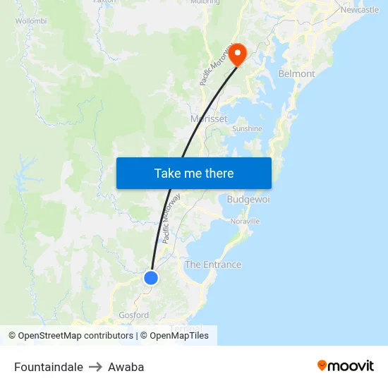 Fountaindale to Awaba map