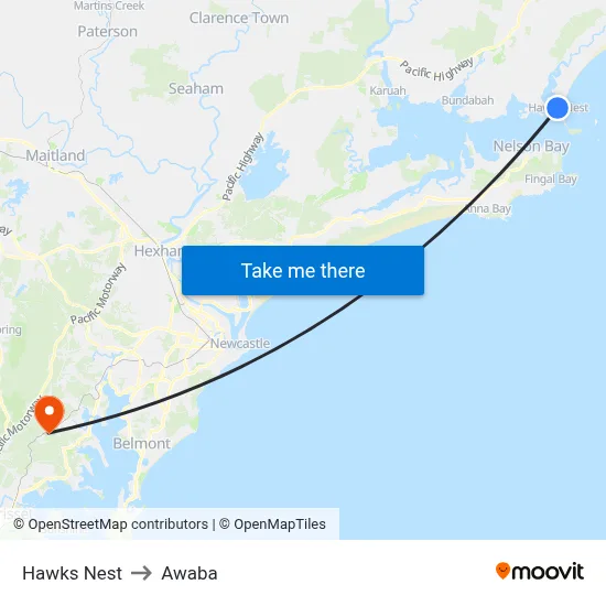 Hawks Nest to Awaba map