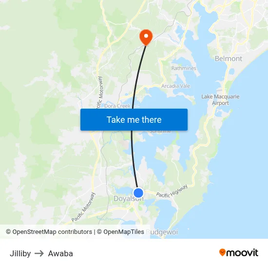 Jilliby to Awaba map