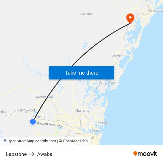 Lapstone to Awaba map