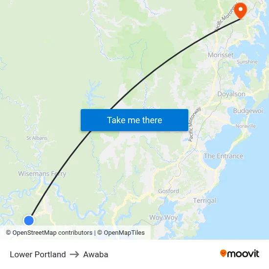 Lower Portland to Awaba map