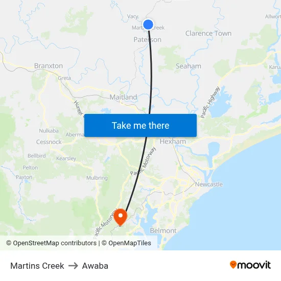 Martins Creek to Awaba map