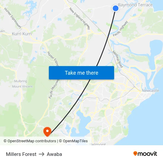Millers Forest to Awaba map